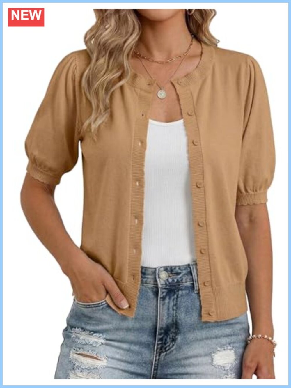 Women's Lightweight Knit Cardigan Button Up Cropped Puff Sleeve Summer Top